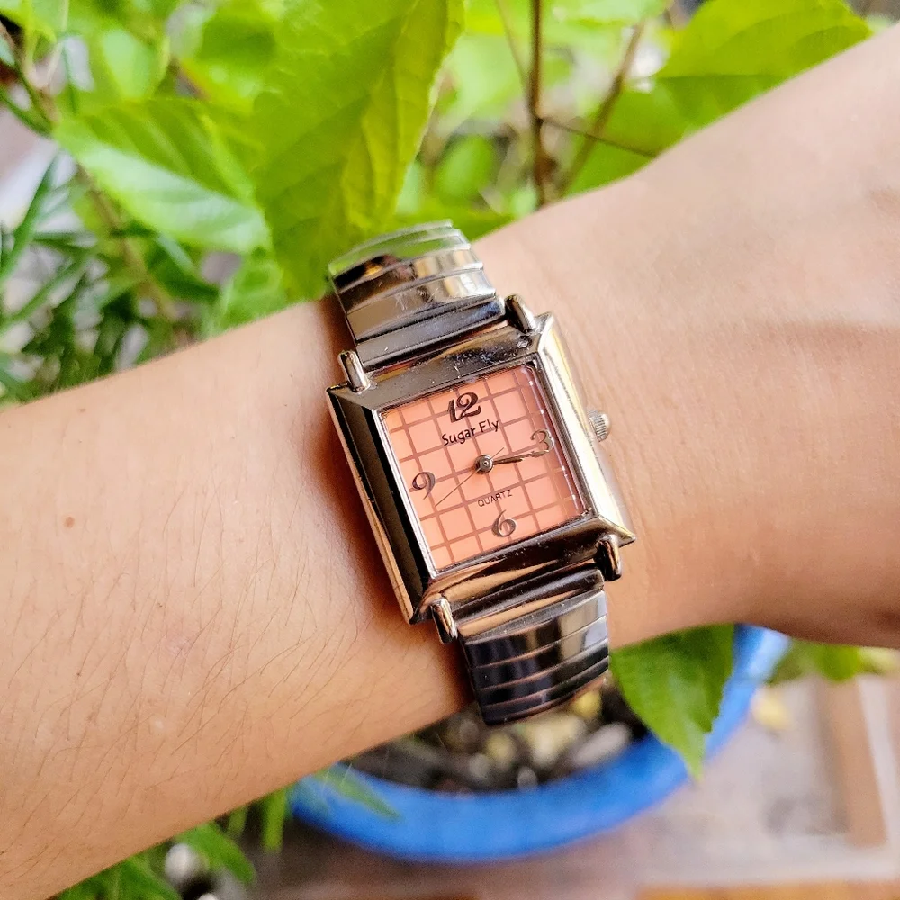 Classic Sugar Fly Quartz Womens Womans Silver & Orange Square Stretch Watch